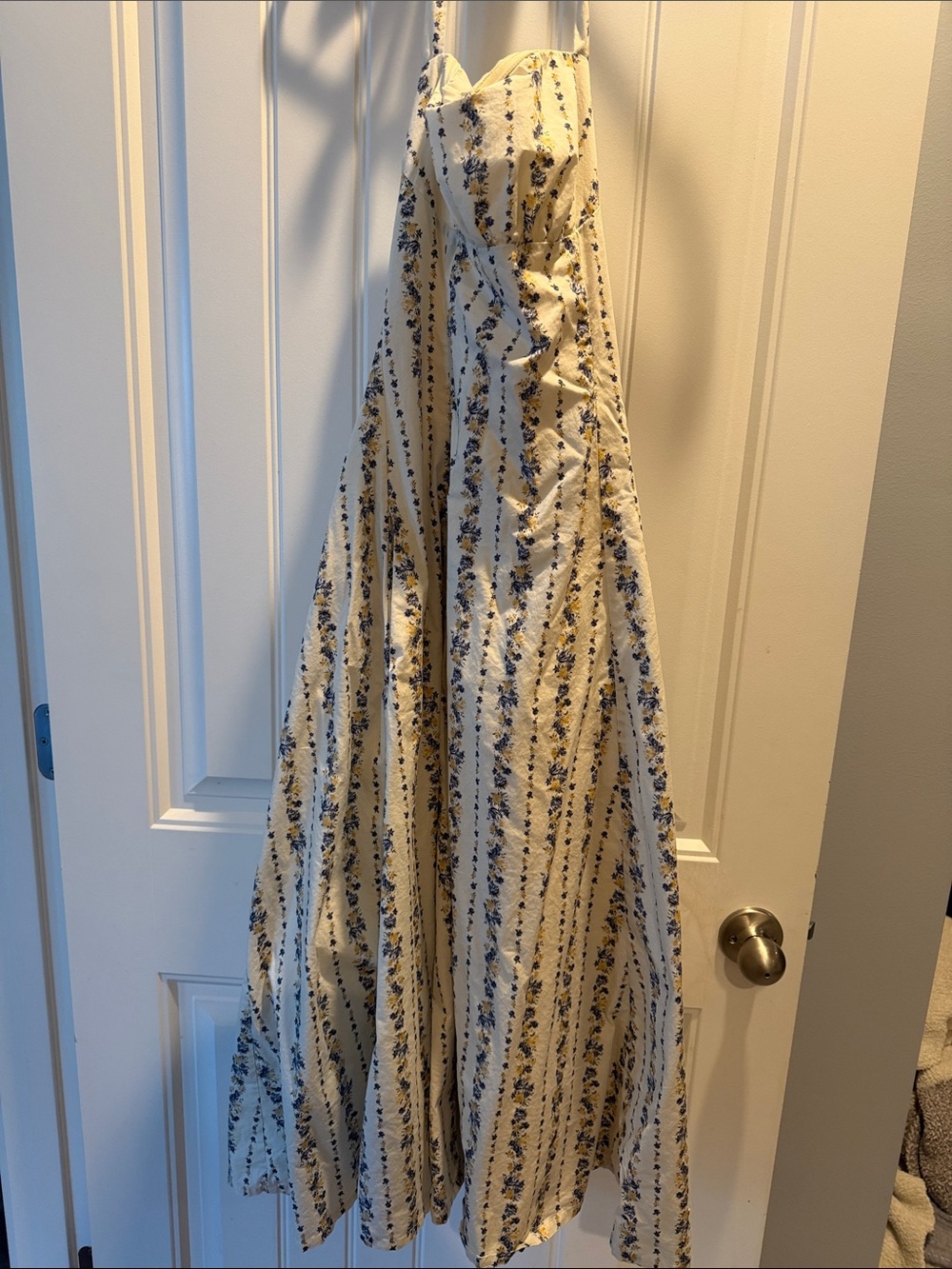 Lulu’s Serenity Cream Maxi Dress with Blue Print.